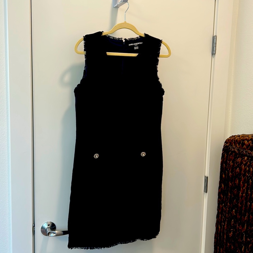 Navy fitted dress size 10, linen with cotton lining by Karl Lagerfield,